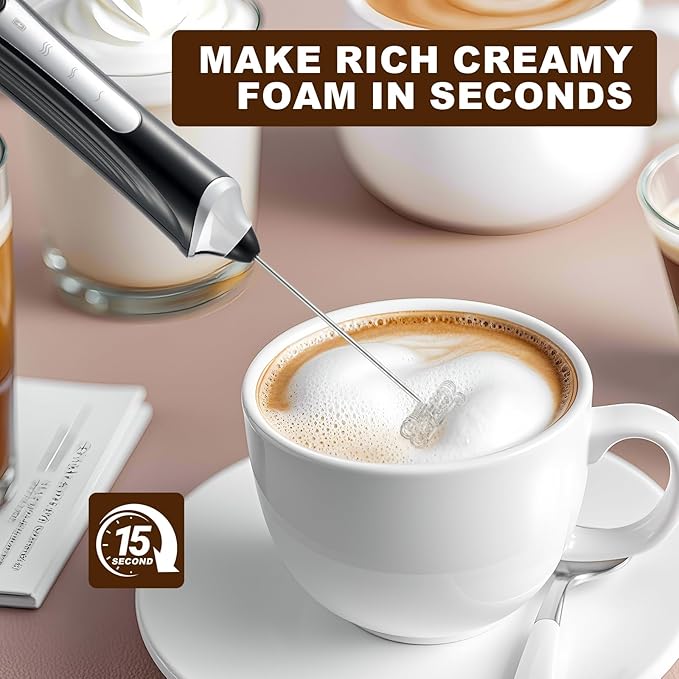 Handheld Electric Milk Frother with 3 Heads, Coffee Whisk Foam Mixer with USB Rechargeable 3 Speeds, Foam Maker Blender for Latte, Cappuccino, Hot Chocolate, Egg, Powders (Black with 3 Heads)