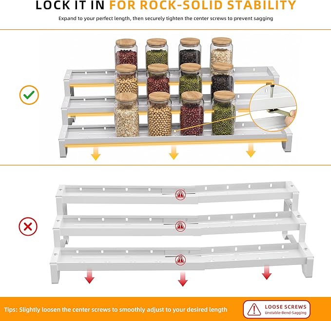 3-Tier Spice Rack Organizer, 13"-21.5" Expandable Spice Organization Shelf, Metal Seasoning Organizer for Kitchen Countertop or Pantry, Slip-Resistant Design for Jars and Bottles, White