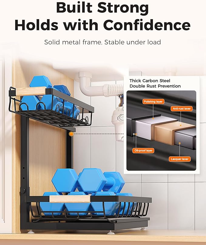 Sevenblue 3 Pack Under Sink Organizer, Height Adjustable 2 Tier Pull-Out Metal Under Kitchen Sink Organizer, Multi-Purpose Storage Shelves for Kitchen Bathroom Cabinet, Black