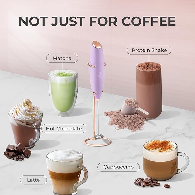Zulay Kitchen Powerful Milk Frother Wand With Duracell Batteries - Ultra Fast Handheld Drink Mixer - Electric Whisk Foam Maker for Coffee, Lattes, Cappuccino & Matcha - Z1 Motor - Lilac & Rose Gold