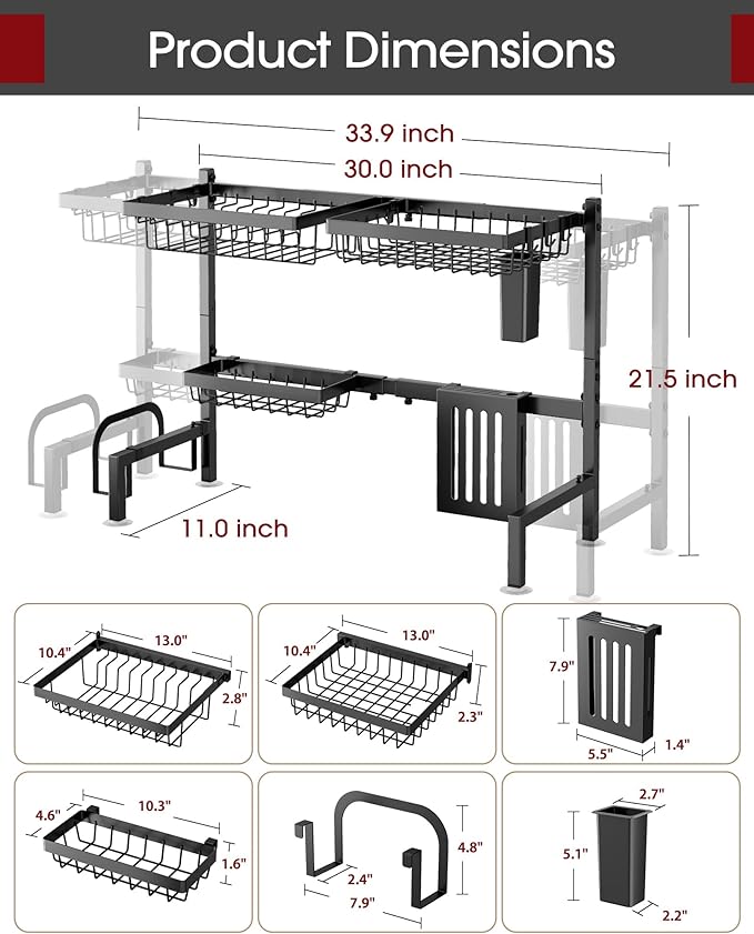 Sakugi Over The Sink Dish Drying Rack - Adjustable 2 Tier Large Capacity Stainless Steel Drainer with Cutlery & Utensil Holders
