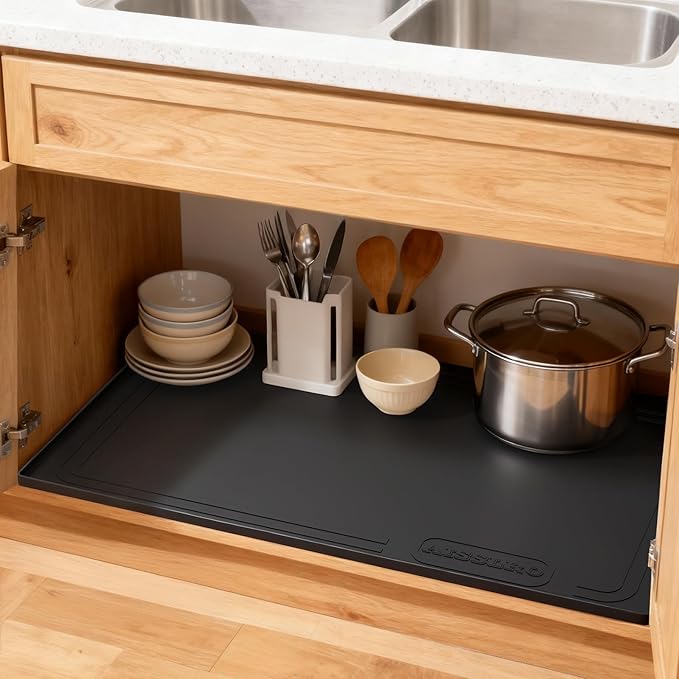 Aisslro Under Sink Mat 31" X 22", Waterproof Silicone Under Sink Mats for Kitchen, Anti-Leak Shelf Liner & Cabinet Protector with Raised Edge, [BPA Free] Bathroom Tray Home Organizer, Black