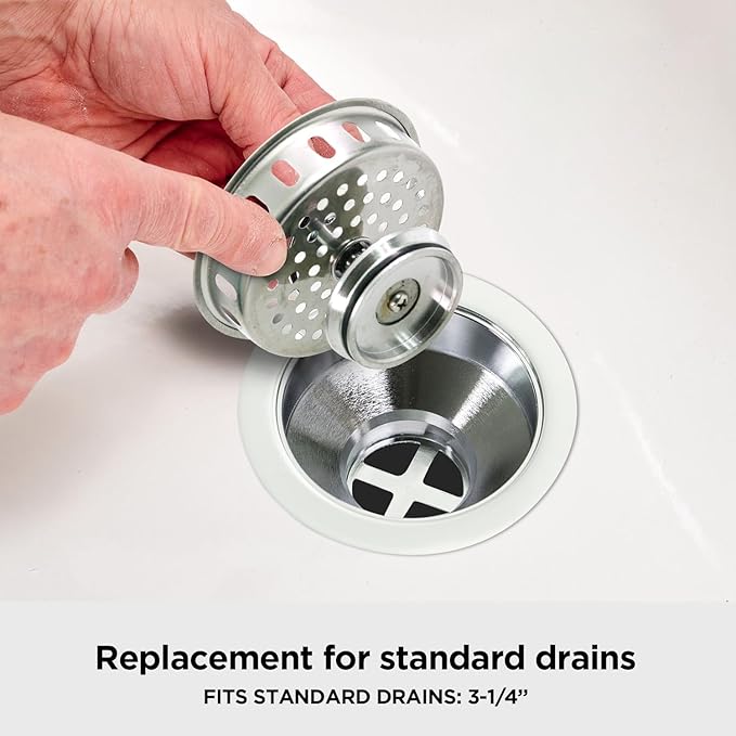 Highcraft 97343 Kitchen Sink Basket Strainer Replacement for Standard Drains (3-1/4 Inch) Stainless Spring Steel Closure and Rubber Stopper, Stainless Steel (Pack of 2)