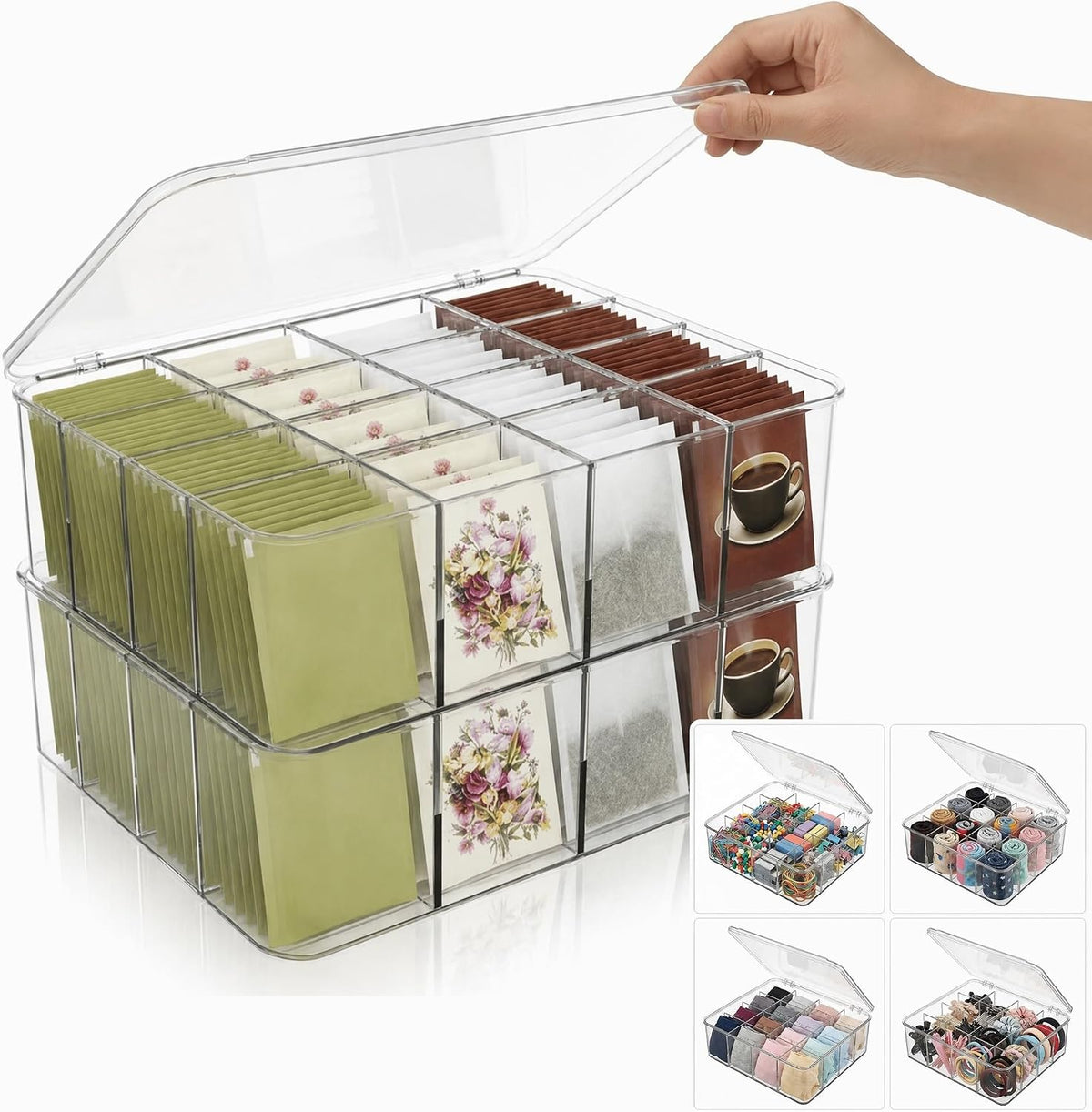 16 Compartment Acrylic Tea Bag Organizer with Lid (2 Pack)