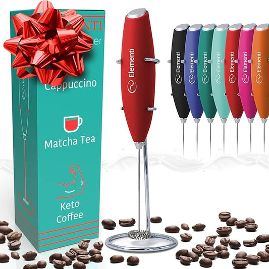 Elementi Electric Milk Frother Handheld, Matcha Whisk, Milk Foamer for Coffee Foamer Electric Handheld Drink Mixer, Electric Mini Whisk Small Hand Mixer, Frappe Maker (Red)