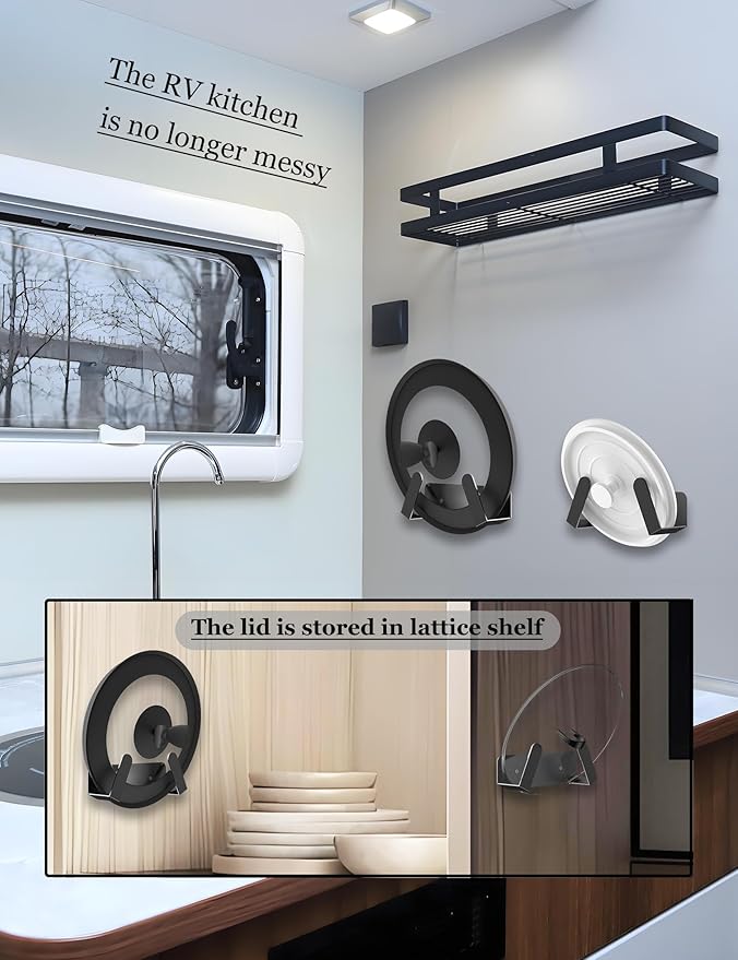 Pot Lid Organizer, 2 Pack Lid Holders Inside Cabinet, Wall Mount Rack Fit for Cutting Board, Fixed by Adhesive or Screw (Black)