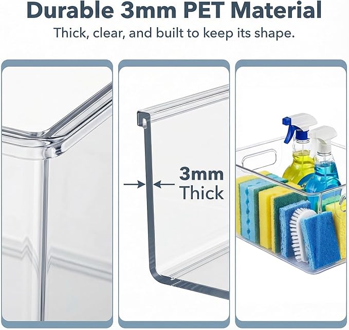 MOONEDGE Set of 4 Clear Plastic Organizer Bins, 2 Large & 2 Small Storage Bins for Pantry, Nestable Space-Saving Containers for Cabinets, Under-Sink, Bathroom, Kitchen & Freezer Organization