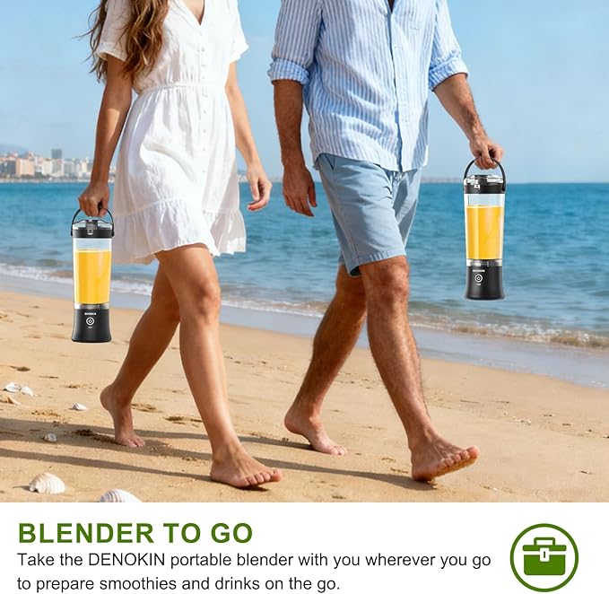 DENOKIN Portable Blender with Drinking Lid, 16oz, Cordless Blender for On-the-Go, Rechargeable via USB-C, Black