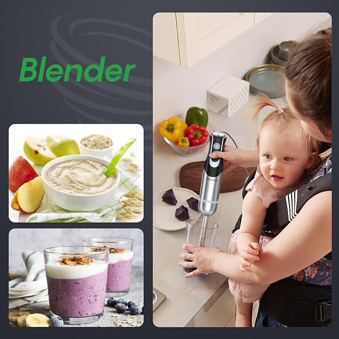 FRESKO Immersion Blender Handheld, Stainless Steel Hand Electric Stick Mixer with 12-Speeds & Turbo Mode, Powerful 500W Emulsion Blender with Beaker, Chopper & Whisk for Smoothie, Puree, Baby Food