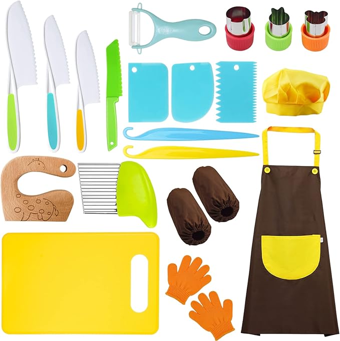 RISICULIS 21 Pieces Toddler Knife, Kids Knife Set Includes Wood Kids Safe Knifes, Plastic Toddler Knifes, Cutting Board, Apron, Chef Hat, Y Peeler, Crinkle Cutter, Cake Scraper