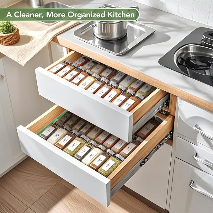 Adjustable 3-Tier Drawer Spice Organizer – Thick Plastic, Non-Slip, Fits 11"-22" Kitchen Drawers, Includes Labels & Funnel (No Jars)