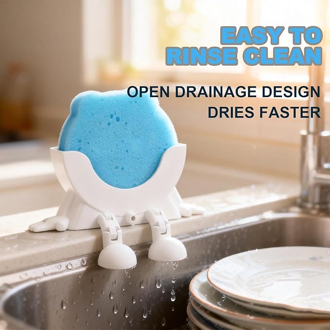 Cute Hanging Sponge Holder with Drainage, 3D Printed Sink Rack with Legs and Handles, 3D Printing Funny Countertop Sponge Holders for Kitchen Sink Draining (Green)
