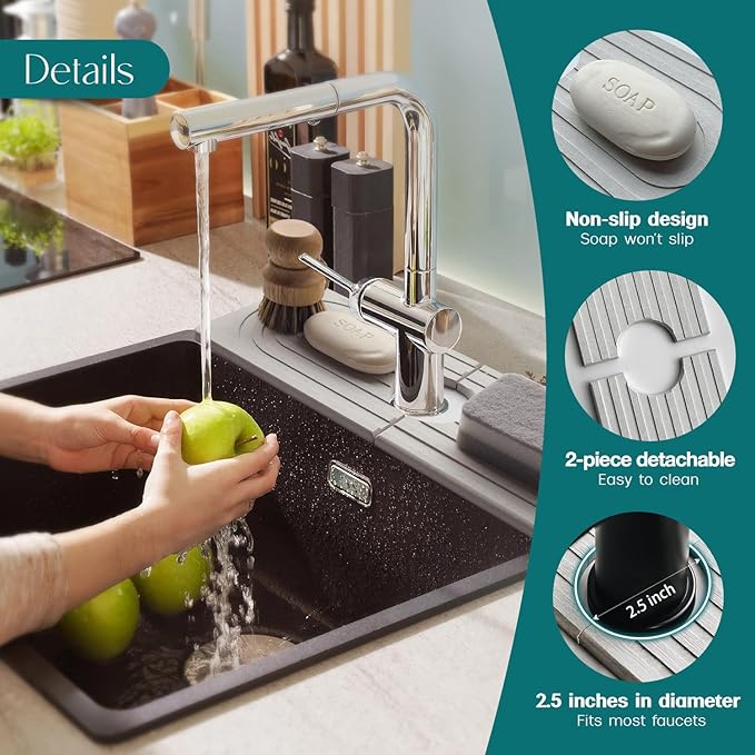 eormoe Faucet Mat for Kitchen Sink - Wider Diatomite Fast Drying Stone Sink Tray, Super Absorbent, Prevents Moisture Buildup - Faucet Splash Guard for Bathroom Counter (Light Grey, 15x5.3inch)