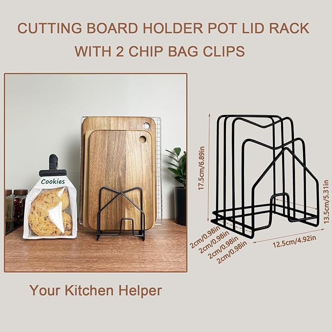 SUNFICON Cutting Board Holder W 2 Chip Bag Clips 304 Stainless Steel Chopping Board Rack Pot Lid Organizer Inside Cabinet Pot Cover Cookie Sheet Bakeware Serving Tray Cooling Rack Stand Kitchen Black