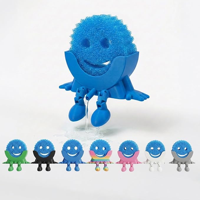 Creative Hanging Sponge Holder with Drainage/Traceless Glue, 3D Printing Countertop Funny Sponge Holders for Kitchen Sink, Keeps Your Sponge Dry & Smiling, for Scrub Daddy Holder (1, Blue)