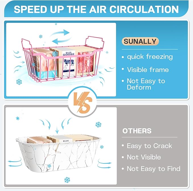 SUNALLY Freezer Organizer Bins, 8 Pack Stackable Chest Freezer Organizer for 5-7 Cu.FT Deep Freezer Sort Frozen Meats and Food, Freezer Storage Baskets with Handles Easy Reach from Bottom, Pink