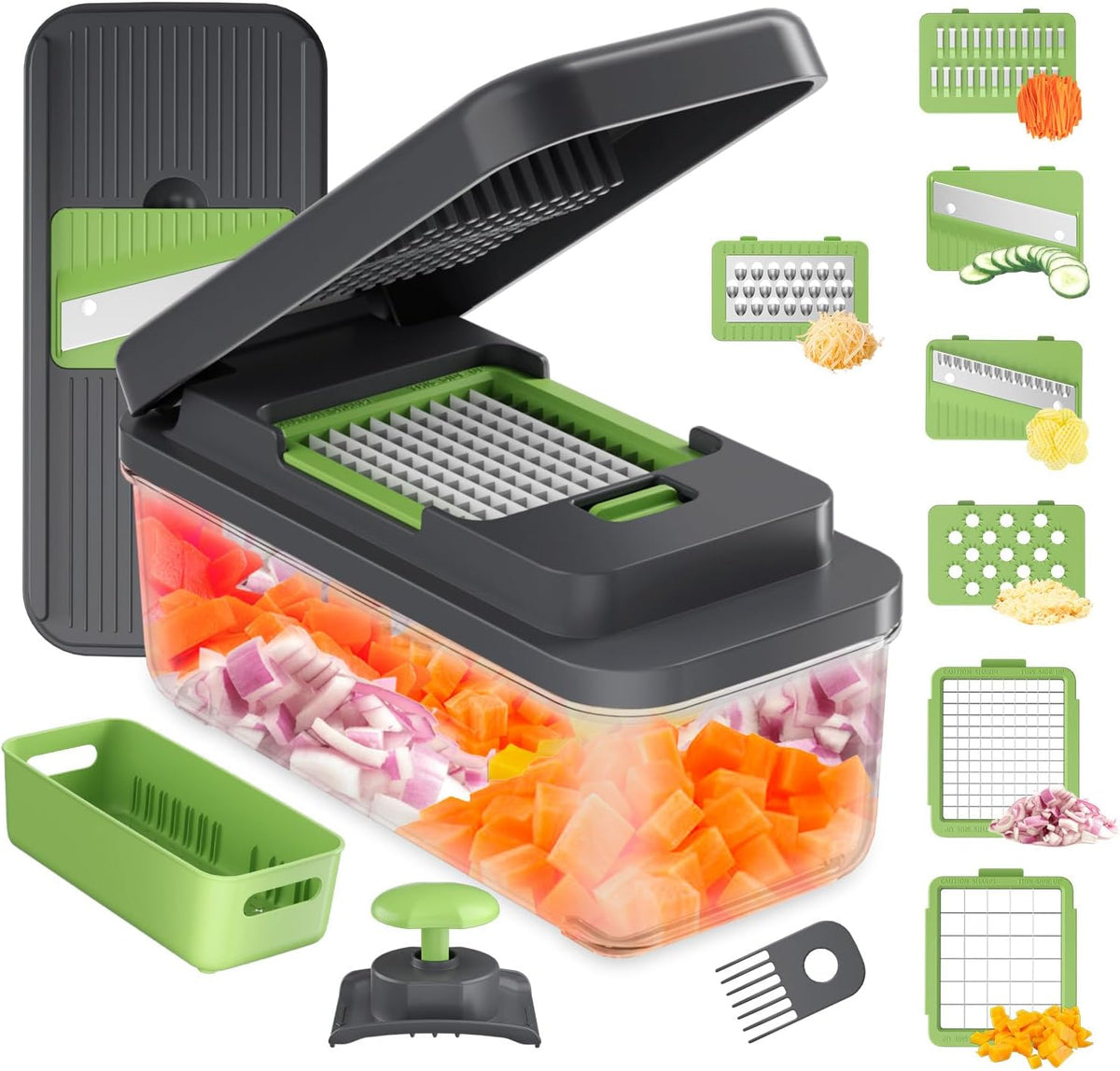 Veggie Chopper, 7 Blades Vegetable Chopper with Container, Onion Potato Food Fruit Slicer and Cutter, Stainless Steel, Dishwasher Safe,Mandoline Slicer & Kitchen Gadgets