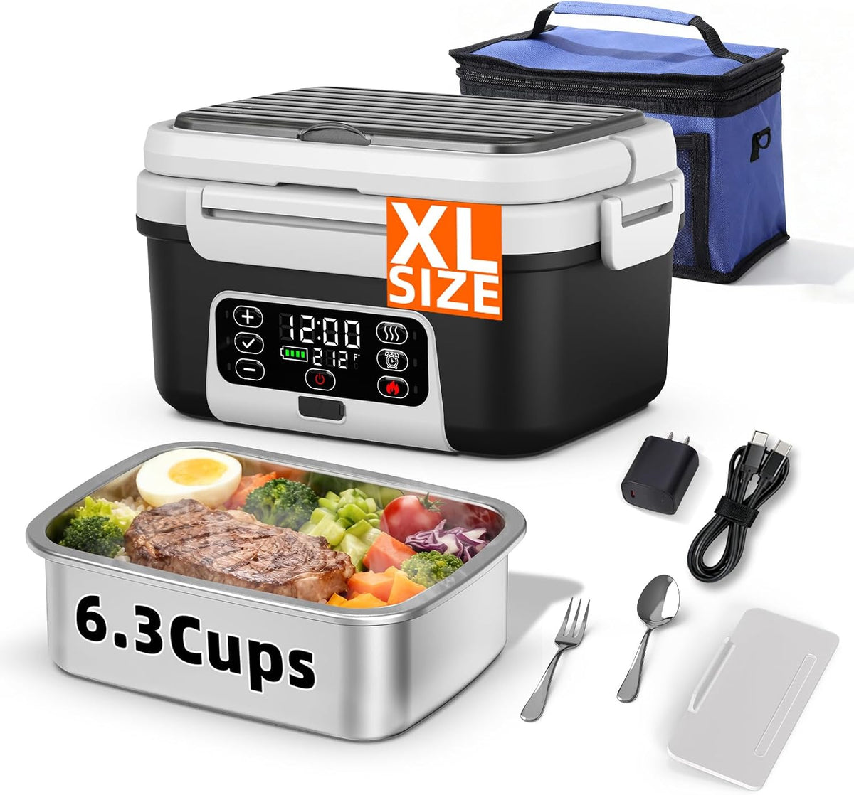 XL 6.3-Cups Cordless Electric Heated Lunch Box for Adults, 20000mAh Rechargeable Battery Powered Smart Self Heating Lunchbox for Men Women, 100W Food Warmer for Trucks Driver Travel Office Worker
