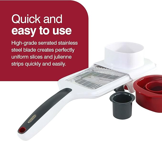 Zyliss Easy Control Handheld Slicer - Vegetable Slicer & Chopper - Fruit Cutter - Handheld Slicer with Two Stainless Steel Blades - Dishwasher Safe - White/Red, 13 inches