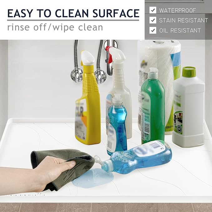 Heavy Duty Silicone Under Sink Mats for Kitchen Waterproof 37" x 22", Extra Thick Under Sink Rubber Mat Drip Tray, Raised Edge Under Sink Liner,Prevent Drips, Leaks, Spills,White