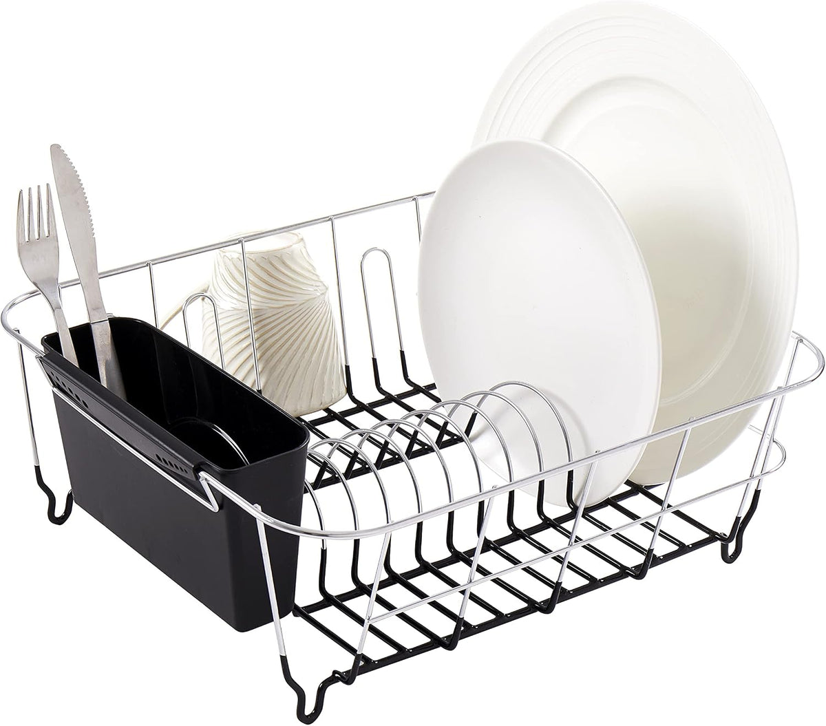 2 Piece Dish Drying Rack Set Drainer with Utensil Holder Simple Easy to Use Fits in Most Sinks, 14.5" x 13" x 5.25", Black