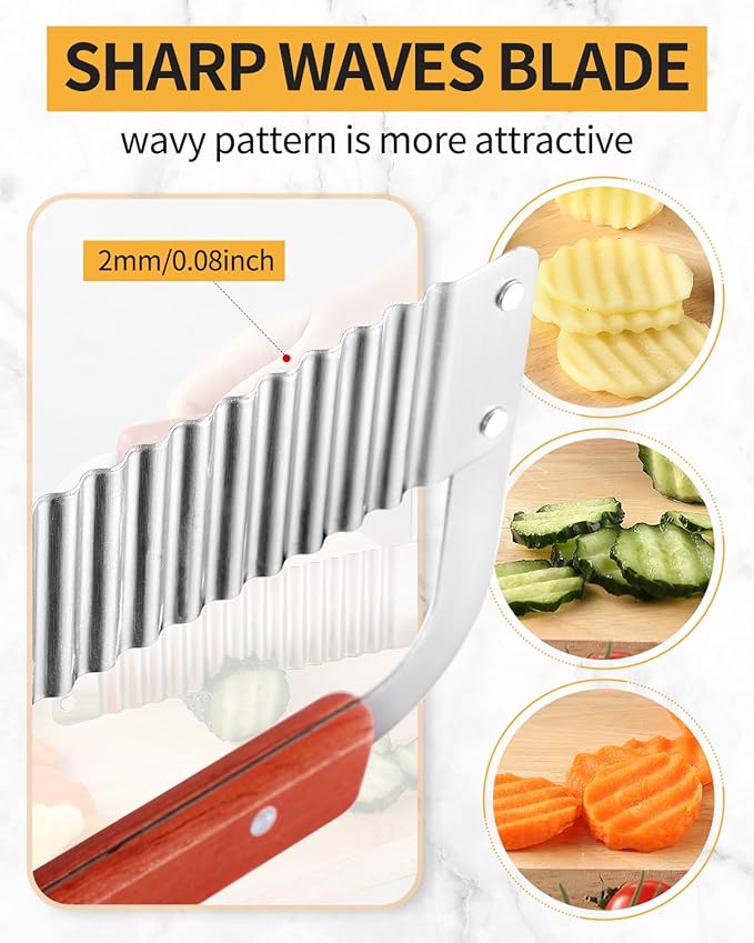 Crinkle Cutter Stainless Steel Potato Slicer Heavy Duty Wavy Crinkle Cutting Chopping Tools with Wooden Handle for Carrot Veggies