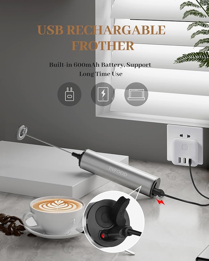 INFOOD Milk Frother Rechargeable with Cover - Coffee Frother Wand, Drink Mixer Handheld with 2 Detachable Stainless Whisks 2 Speed Adjustable for Latte, Cappuccino, Hot Chocolate, Egg, Silver