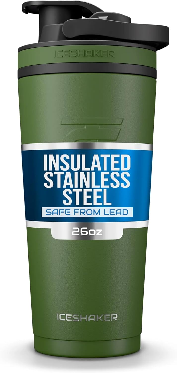 Insulated Stainless Steel Shaker Bottle | 26oz, Green | Cold for 30+ Hours | Insulated Cup with Twist-on Agitator | Odor-Free Bottle for Protein Shakes, Water, Smoothies, Cocktails