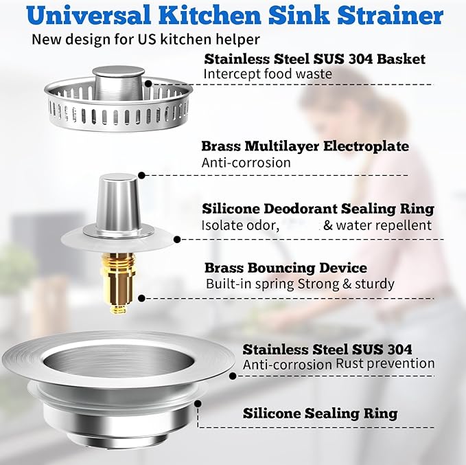 Upgraded 3 in 1 Kitchen Sink Drain Strainer Stopper, Brushed Stainless Steel SUS 304 Pop Up Sink Drain Stopper for Standard 3-1/2 Inch Drain Anti-Clogging Odor Prevention