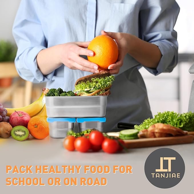 Tanjiae Small Stainless Steel Lunch Containers for Kids | Leak Proof Snack Containers with 100% Pure Silicone Lids - Perfect Metal Lunch Box with Lids for School and Daycare (25oz+8oz*2)
