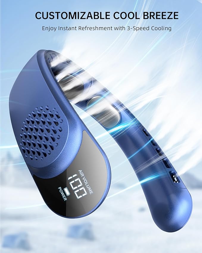 FrSara Portable Neck Fan Rechargeable, Neck Fans that Blow Cold Air, Personal Neck Cooler with 4000mAh, LED Display, 3 Speeds, USB TYPE-C, Ideal Gift for Women, Travel, Men, Sports, Denim