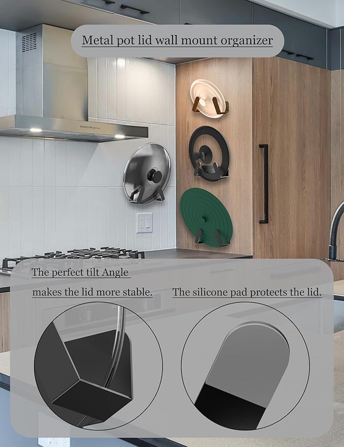 Pot Lid Organizer, 2 Pack Lid Holders Inside Cabinet, Wall Mount Rack Fit for Cutting Board, Fixed by Adhesive or Screw (Black)
