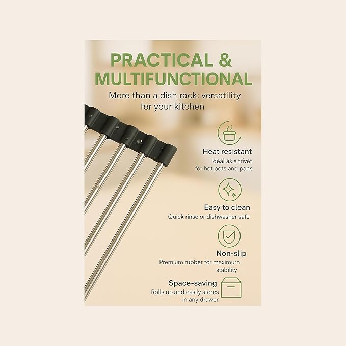 Over Sink Dish Dryng Rack - Roll Up Stainless Stell & Silicone Drying mat, Heat Resistant, Non-Slip & Foldable, Space Saving Kitchen Organizer (17.3"x 15.7")(Black)