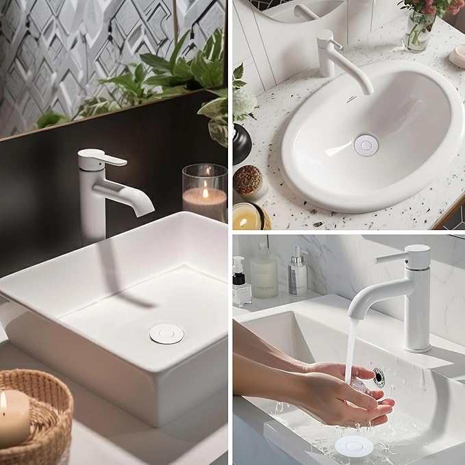 Hibbent Upgraded 3 in 1 Bathroom Sink Drain Strainer, Universal Pop Up Stopper with Removable Stainless Steel Filter Basket Hair Catcher, Sink Plug for 1.1''~2.36'' Basin, Brass Bullet Core, White