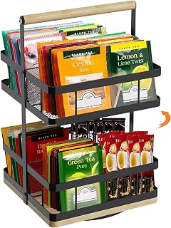 Tea Bag Organizer, 2-Tier 360° Rotating Tea Bag Holder Organizer, 8-Baskets Tea Holder Accessories Holds 120+ Tea Bags, Gift for Decor Kitchen, Cabinet, Bar Countertop Storage