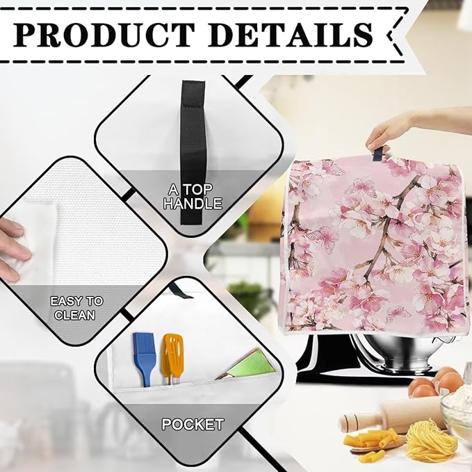 Elegant Cherry Blossom Butterfly Mixer Cover Oil-Resistant Machine Washable Dust Cover for 6-8 Qt Stand Mixers with Handle & Pocket Reusable Kitchen Appliance Protector