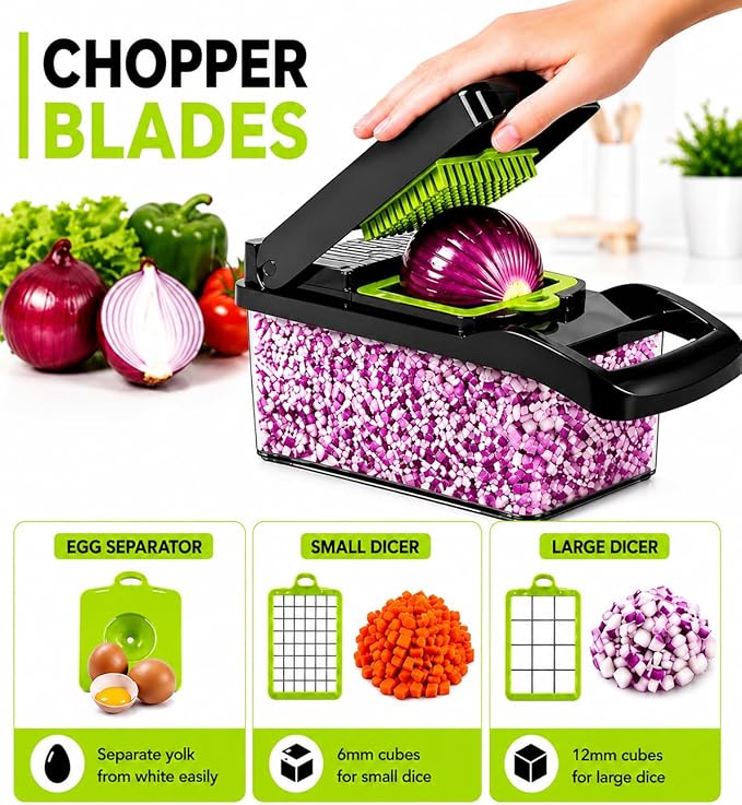 16-in-1 Vegetable Chopper with Container, 8-Blade Food Chopper, Onion Chopper, Veggie Cutter & Mandoline Slicer, BPA-Free Kitchen Gadget