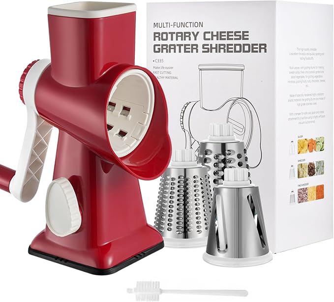 Cheese Grater Hand Crank Rotary Vegetables Shredder with Handle, 3-in-1 Graters with Interchangeable Blades and Non-slip Base Multifunctional Slicer for Kitchen
