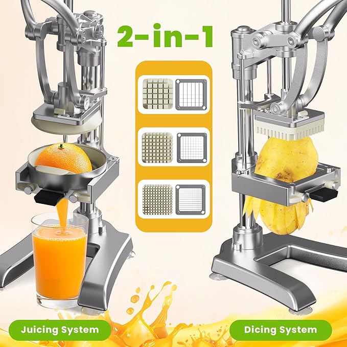 2-in-1 Commercial Juicer and Chopper - Heavy Duty Cast Iron Hand Press Manual Squeezer for Lemon, Citrus, Orange, Professional Vegetable Slicer French Fry Cutter Food Dicer