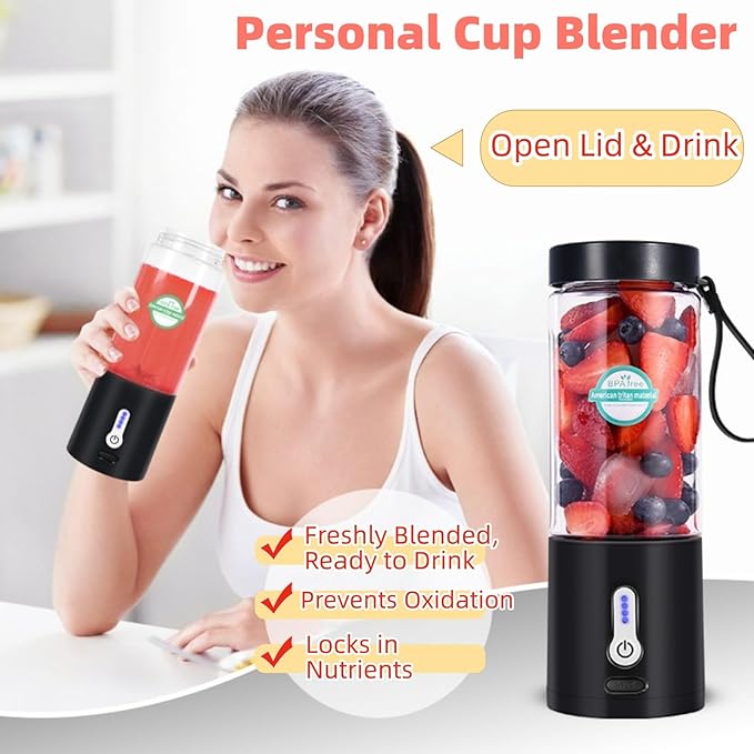 Portable Blender Rechargable, 530ML Personal Size Electric Juicer for Shakes and Smoothies, Fruit Mixer Machine Mini Small Blender Cup for Travel Picnic Office Gym Kitchen