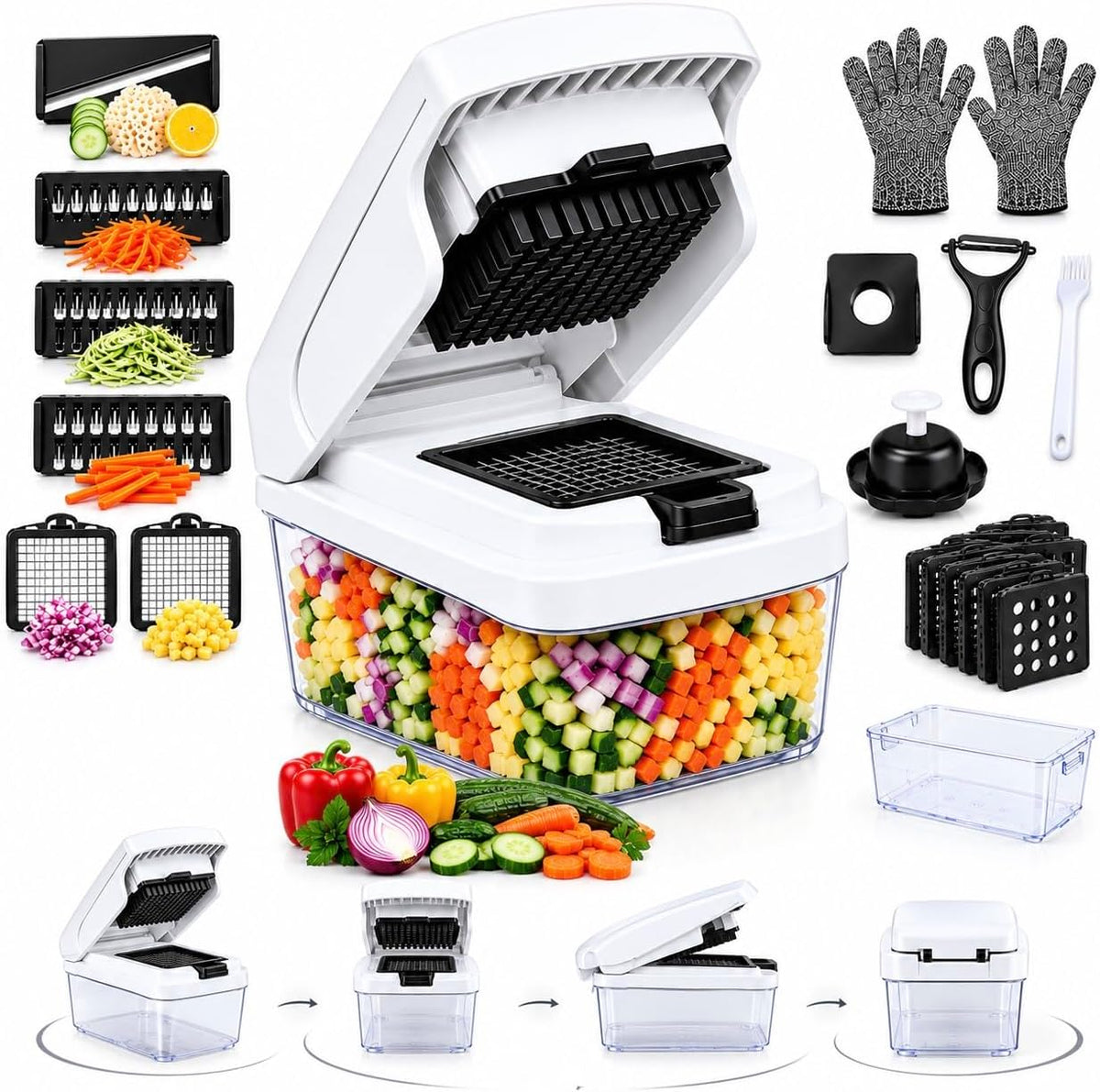 18-in-1 Vegetable Chopper Set, Food Dicer & Mandoline Slicer with Container, Onion Cutter, Stainless Steel Blades, BPA-Free, Dishwasher Safe Kitchen Vegetable Cutter