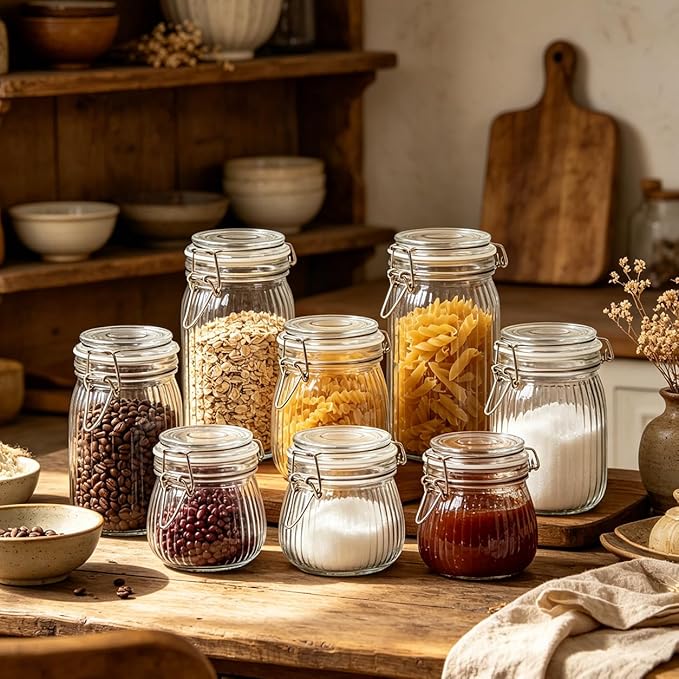ComSaf 3pcs 50oz Ribbed Glass Jars with Airtight Clamp Lids, Large Vintage Canisters for Flour, Sugar Storage & Fermenting, Wide Mouth for Pantry Organization & Countertop Decor