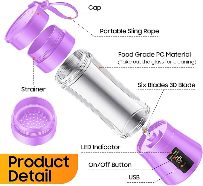 Cordless Personal Size Portable Blender - 380Ml Blender Smoothies and Shakes, BPA Free Traveling Juice Cup with Powerful Blending, Freshly Squeezed in Sports/Travel/Home