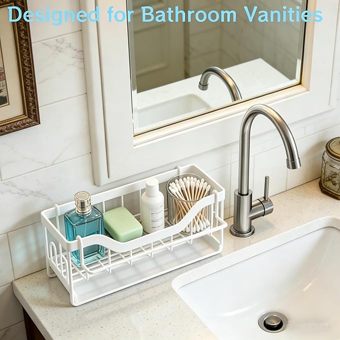 Sponge Holder for Kitchen Sink - Sink Caddy Organizer with Auto Drain Tray, Detachable Towel Rack, Stainless Steel Kitchen Counter Organizer Rack (White)