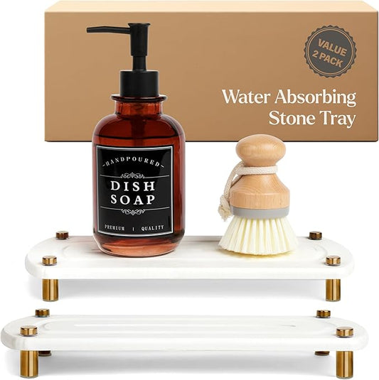 2PCS Water Absorbing Stone Soap Tray for Kitchen Bathroom Sink, Quick Dry Diatomaceous Earth Drying Rack and Shower Caddy, Soap Dispenser and Sponge Holder Organizer for Countertop, TWINKLE MOMENT; Pure White