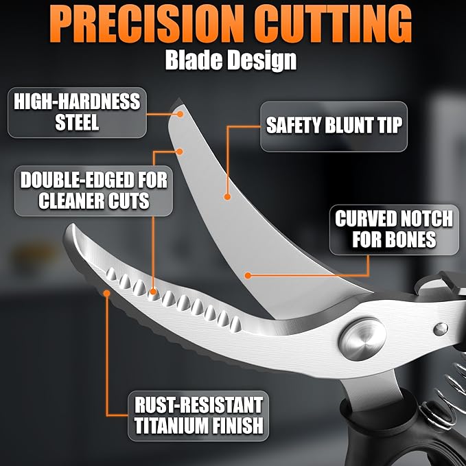 Poultry Shears Heavy Duty – Stainless Steel Chicken Shears with Spring Loaded Design, Non-Slip Serrated Edge & Safety Lock, Dishwasher Safe – Bone Cutting Scissors for Turkey, Poultry & Spatchcock