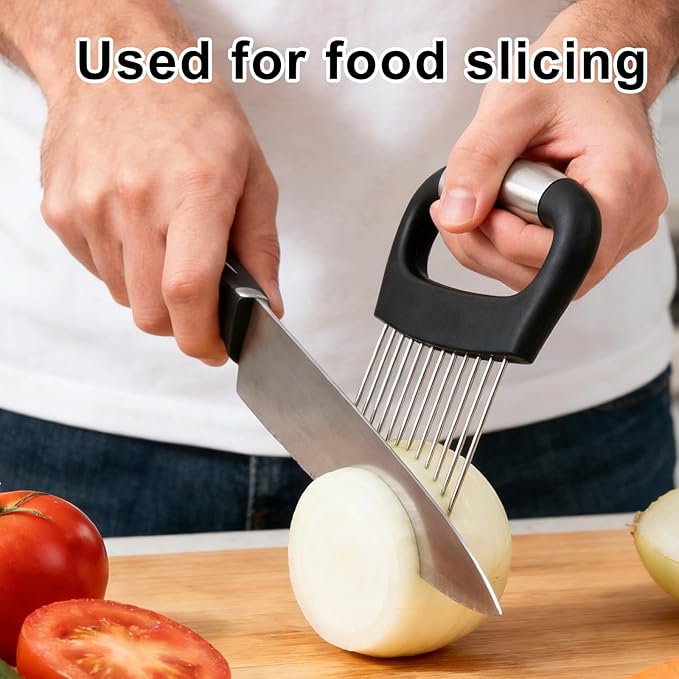 Extra-Large Onion Holder for Slicing, Stainless Steel Food Slicer Guide with 14 Long Needles Multi-Functional Home Kitchen Tool for Potato Tomato Onion Meat