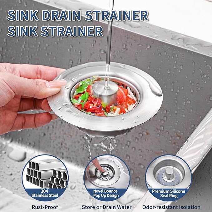 3-in-1 Kitchen Sink Drain Strainer - Pop Up Sink Stopper, Stainless Steel Sink Drain Strainer, Kitchen Sink Stopper & Drain Plug with Anti-Clogging Basket,Sink Strainer Fits US Standard 3-1/2'' Drains