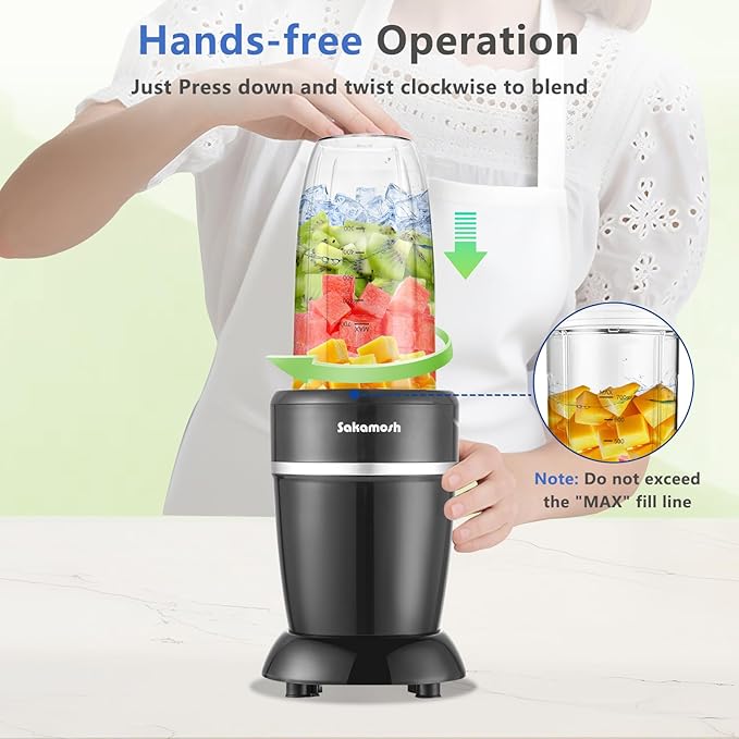 SAKAMOSH 1200W Personal Blender for Shakes and Smoothies, 12-Piece Portable Blender Combo with 6-Fin Blades, 2 To-Go Cups for Juices, Frozen Drinks, Baby Food & More