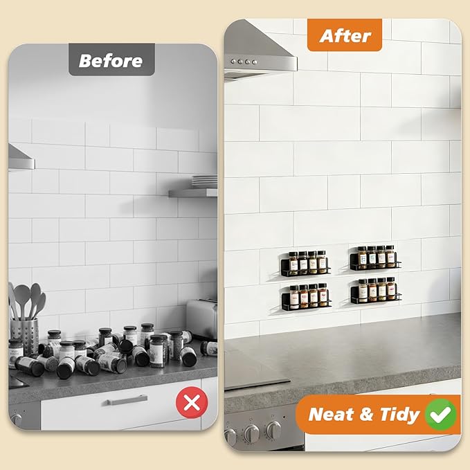 RECAPS Spice Rack Wall Mount 4 Pack, Space-Saving Spice Organizer, Adhesive Hanging Spice Rack, Seasoning Organizer for Wall Kitchen, Cabinet or Pantry Door, Black Metal